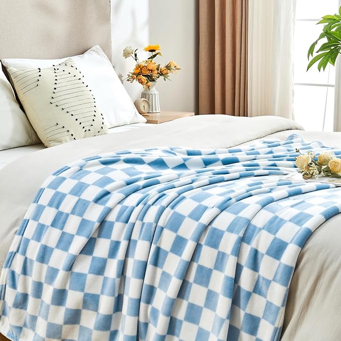 Checkered Blanket Flannel Throw Blankets Soft Cozy Checkered Grid Print Chessboard Gingham Pattern Throws for Bed Sofa Couch for All Seasons, 60x80 Inch, Blue