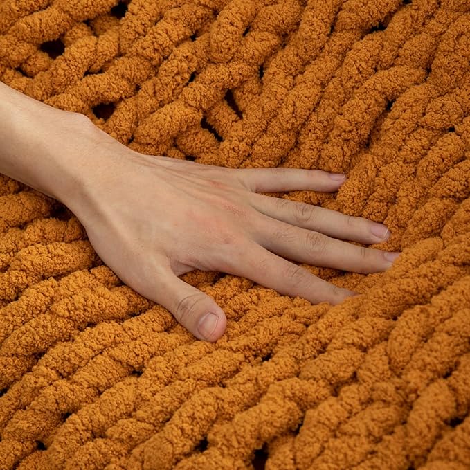 WESHIONGOO Chunky Knit Blanket Throw 51"×63" Knitted Throw Blankets for Couch Bed Fall Throw Blanket Fluffy Soft Blanket with Jumbo Chenille Yarn Thick 100% Handmade (Burnt Orange)