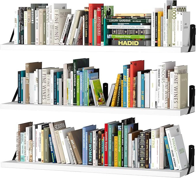 upsimples 35.4 Inches Floating Book Shelves for Wall, Long Floating Wood Shelves for Living Room, Library, Bedroom, Office Organizer and Storage, White