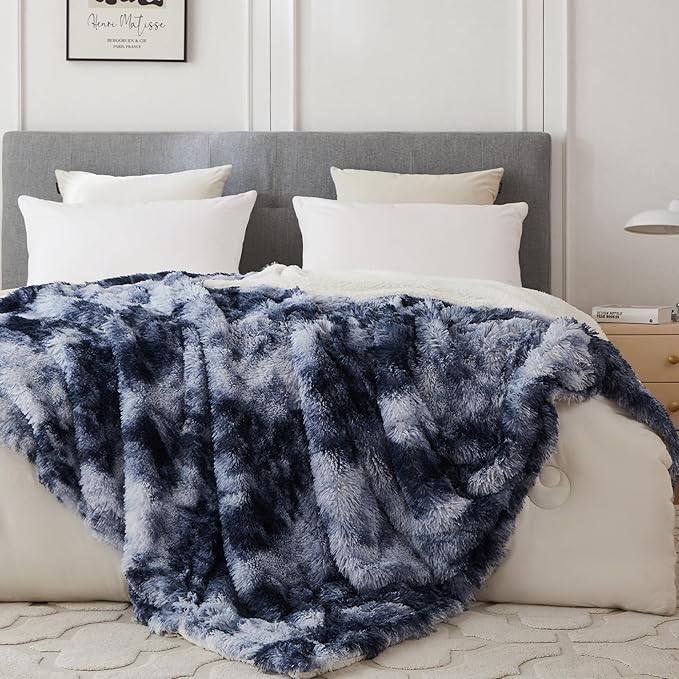 COOVA Ultra Soft Faux Fur Twin Blanket – Fuzzy Fluffy Cozy Microfiber Blankets, Warm Thick Plush Sherpa Fleece Throw Blanket for Couch,Bed,Sofa,Ideal Gift for Women.(Tie Dye Blue, 60"x80")