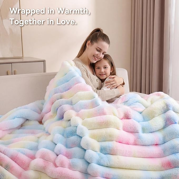 Smoofy Fluffy Faux Fur Throw Blanket - Super Soft Thick Plush Cozy Fuzzy Rabbit Fur, Luxury Warm Fleece Minky Stripe Blanket for Couch, Sofa, Room Decor Gift for Women, Colorful Rainbow Throw, 50x60