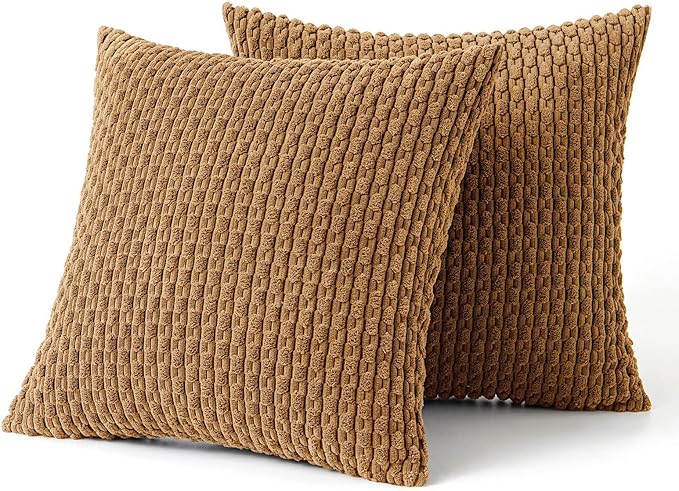 MIULEE Pack of 2 Decorative Throw Pillow Covers 16x16 Inch Soft Boho Striped Textured Corduroy Pillow Covers Modern Farmhouse Home Decor for Couch Bed Sofa Living Room Light Coffee