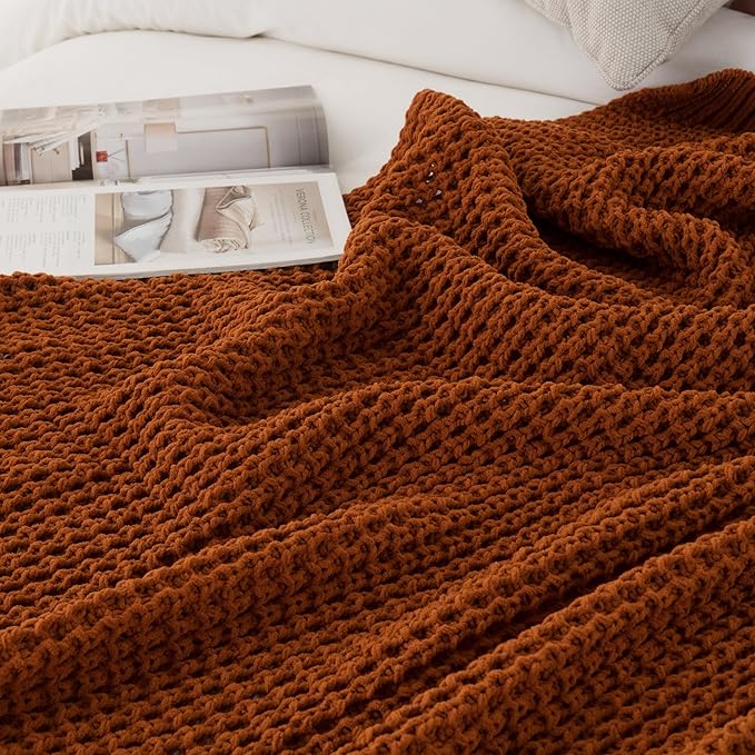 Bunnikins & Clover Knitted Waffle Blanket Throw, Fall Throw Blanket for Home Decoration, Caramel Throw Blanket for Couch, 60"x80"