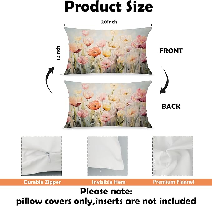 Spring Tulip Floral Lumbar Pillow Cover 12x20 Double-Sided, Cottagecore Room Home Decor, Farmhouse Easter Abstract Pink Flower Decorative Throw Pillow Cover for Living Room Home Bedroom