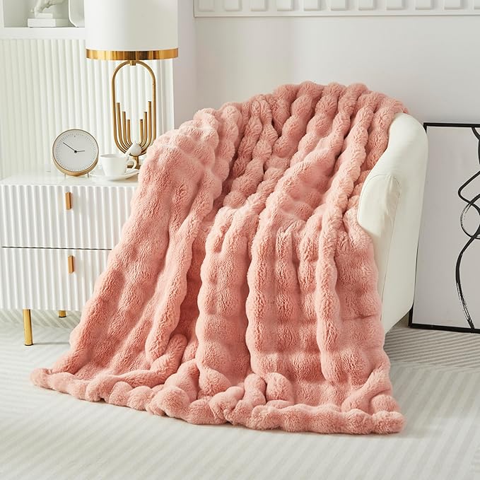 Faux Fur Throw Blanket for Couch Cozy Fuzzy Soft Plush Thick Fluffy Fleece Bubble Blanket for Sofa Bedroom Living Room, 63x79 Inches Pink