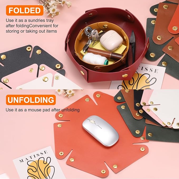 HARFINGTON 2pcs PU Leather Valet Tray Unisex Valet Tray Folding Round Catchall Tray Portable Entryway Table Tray Nightstand Bedside Desk Tray for Key Watch Coin Jewelry Dice, Wine Red