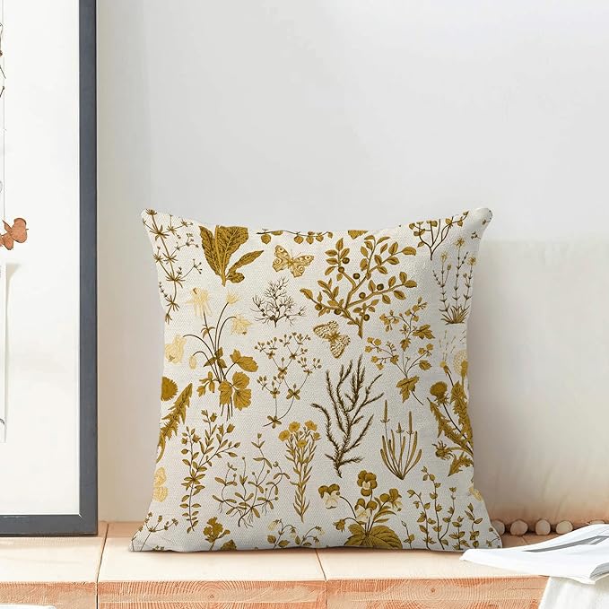 AEIOAE Summer Pillow Covers 16x16 Inch Set of 2,Mustard Yellow Wild Flower Plant Throw Pillows Case,Seasonal Floral Outdoor Decorative Square Linen Farmhouse Decor Cushion Covers for Home Couch