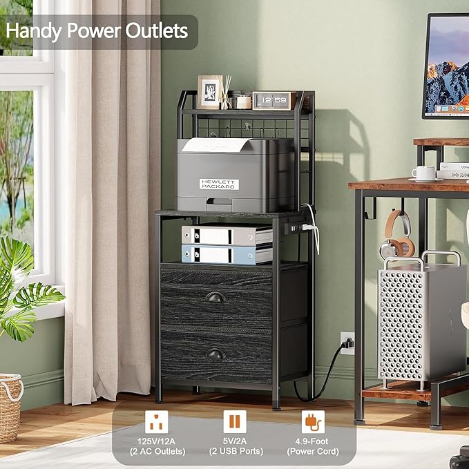 Furologee 40'' Tall Nightstand with Charging Station, Bedside Table with LED Lights, End Table with 2 Drawers and Storage Shelves, Night Stand with Pegboard for Bedroom, Black Oak
