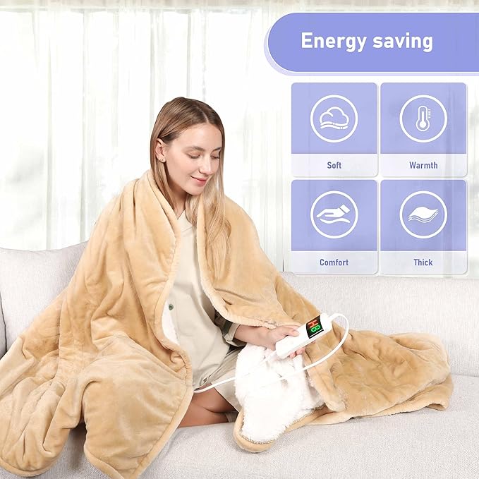 Heated Blanket Electric Queen Size, Soft Sherpa Flannel Heating Blanket Throw with Overheating Protection, 8 Hours Auto Off 10 Fast Heating Levels, Heat Blanket for Home & Office Machine Washable