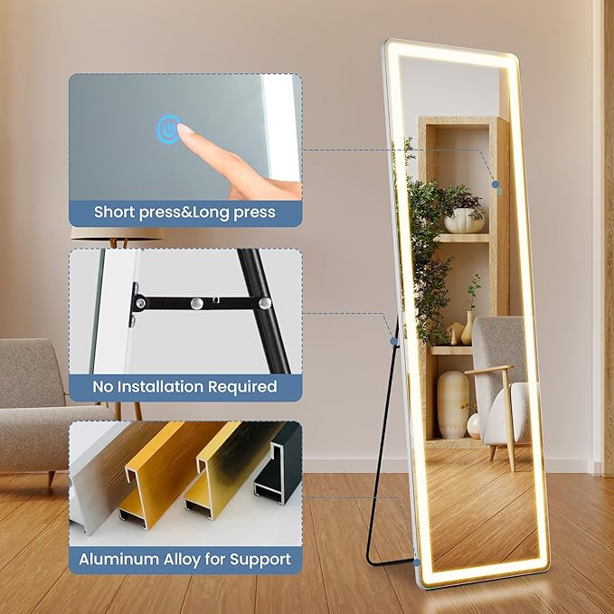 DUMOS LED Mirror Full Length with Stand, 16"×60" Full Body Wall Mirror with LED Lights 3 Color Lighting, Hanging or Leaning, Floor Standing, Modern Simple Home Wall Decor