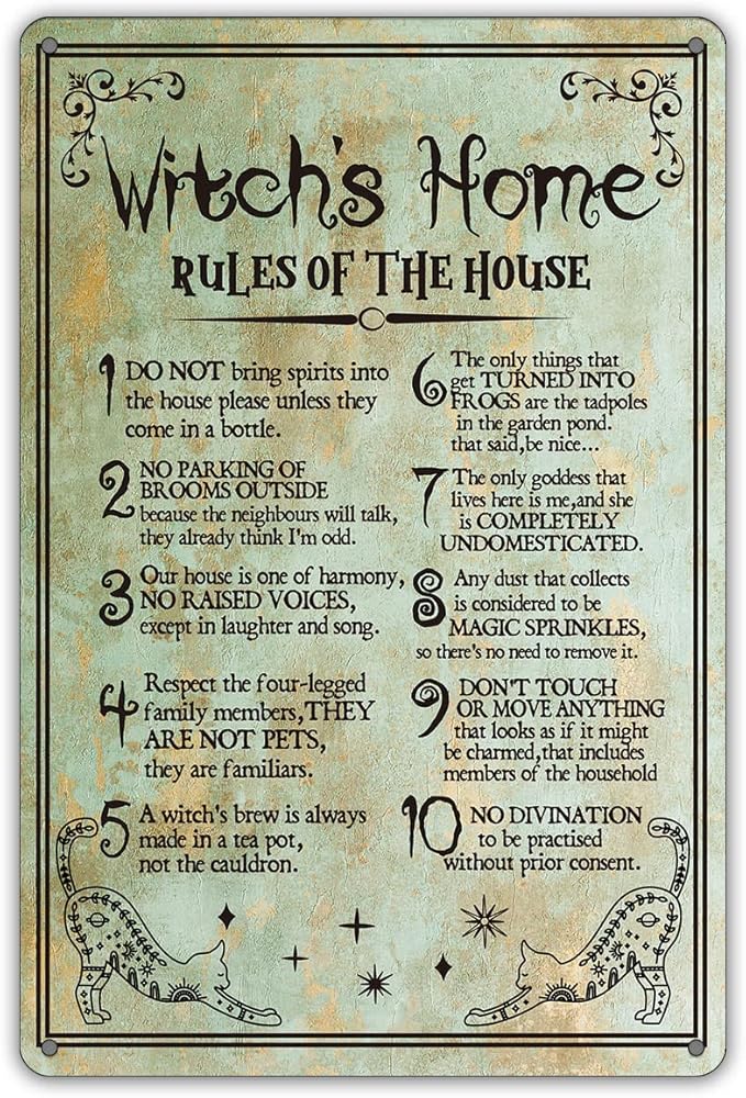 Funny Witch's Home Rules Quote Metal Tin Sign Wall Decor, Retro Do Not Bring Spirits into the House Sign for Home Decor Gifts