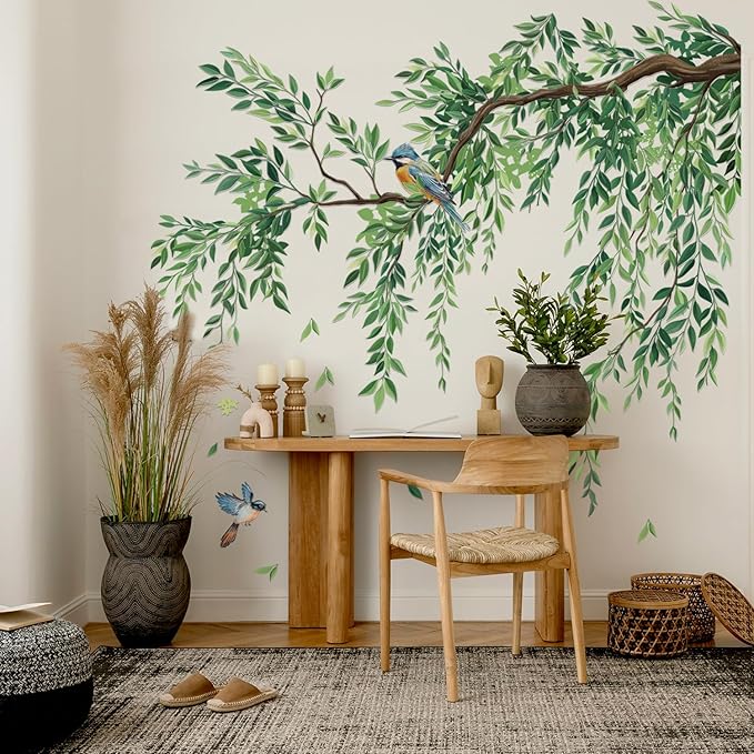 Large Green Tree Leaves Wall Stickers,3 Sheets Hanging Vine Tree Wall Decals Peel and Stick Waterproof Leaves Branch Wall Murals Decor for Living Room (Green Leaves, 11.8 * 35.4inch)
