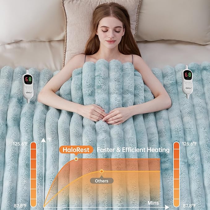 Heated Throw Blanket, Faux Fur Cozy Heating Blanket with Overheat Protection, 1/2/4/6/8 Hours Auto-Off 10 Heat Level, Machine Washable (90x100 Inches, Blue)