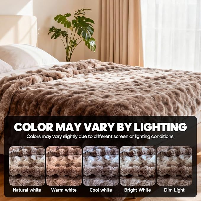 Luxury 1000GSM Faux Rabbit Fur Throw Blanket, Tie-Dye Brown, Ultra Soft Plush 3D Bubble Design, Reversible Mink Brown Blanket for Couch, Sofa, Bed & Living Room, 60"x80", Gift for Women & Family