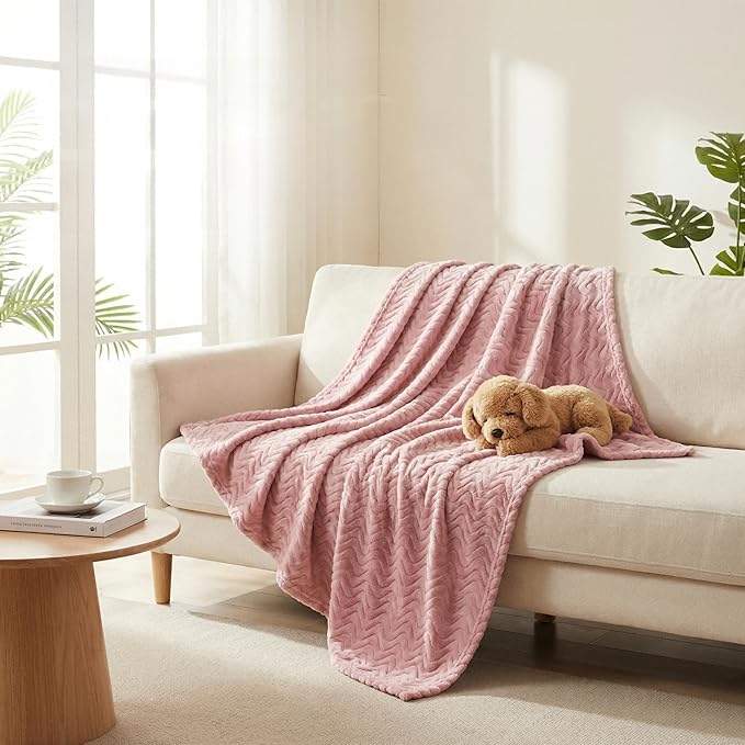 Exclusivo Mezcla Fleece Throw Blanket for Couch, Cozy Lightweight Blankets for All Season, Decorative Giftable Fuzzy Plush Wave Textured Throws for Women, Men, Pink, 50x70 Inches