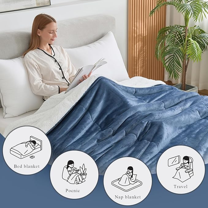 CHOSHOME Sherpa Fleece Blanket- Thick Warm Blanket for Winter, Soft Fuzzy Plush Blanket for Bed, Couch, Travel (Navy Blue, King 90" x 108")