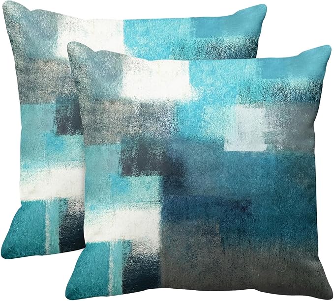 Britimes Throw Pillow Covers Modern Home Art Decor, 18 x 18 Inches Set of 2 Pillow Cases Decorative, Abstract Oil Painting Pillowcases for Bedroom, Living Room, Teal Peacock Blue