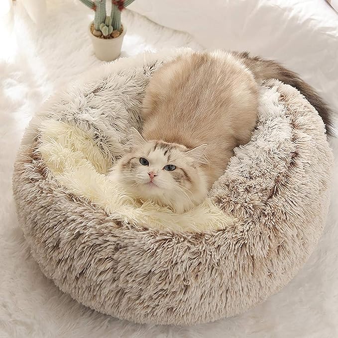 Cat Bed Round Fluffy Hooded Cat Bed Cave, Anti-Anxiety Cave Bed with Hooded Blanket, Cozy Cuddler Luxury Puppy Pet Bed, Anti-Slip Bottom and Machine Washable (Khaki, Large)