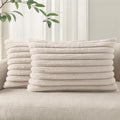Pallene Faux Fur Plush Lumbar Throw Pillow Covers 12x20 Set of 2, Luxury Soft Fluffy Striped Decorative Pillow Covers for Sofa, Couch, Living Room, Tan