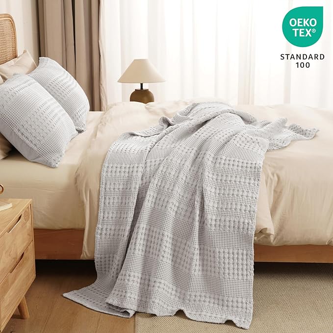 PHF 100% Cotton Waffle Weave Throw Blanket, Soft Lightweight Breathable Cozy Throws for Couch Bed Sofa, Luxury Aesthetic Blanket Gift for Home Decor & Office, 50"x60", Light Grey