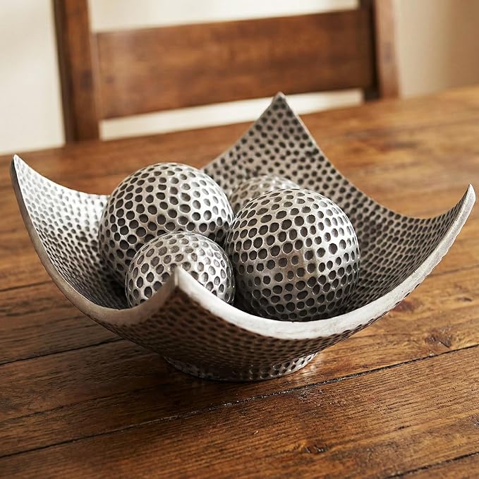 Seraphic 5pc Bowl Table Centerpieces for Dining Room, Large Decorative Bowls for Coffee Table Decor, Kitchen, Orbs/Balls Included, Silver
