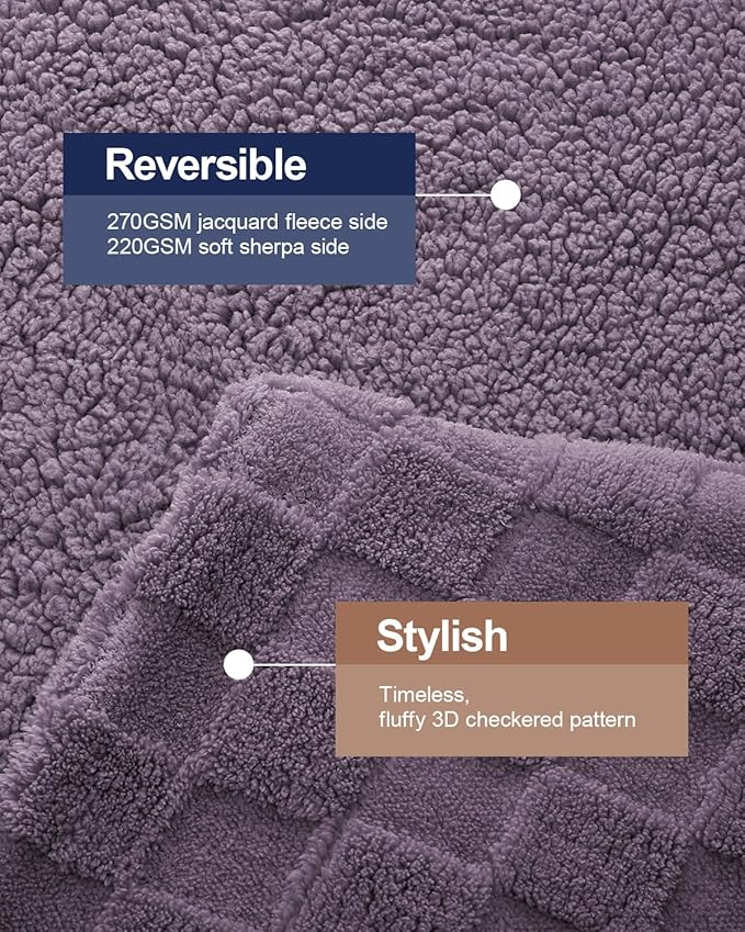 Pawque Super Soft Cozy Throw Blanket King Size for Couch Bed, Fluffy Sherpa Fleece Reversible Thick Warm Fuzzy Blanket for All-Season, 3D Checkered Jacquard Decorative Blankets, Purple, 108"x90"