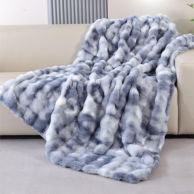 Tie-Dye Blue Faux Fur Throw Blanket for Couch, Double-Sided Bubble Textured Plush Throw with Soft Flannel Back, Machine Washable, 60 x 80, 860 GSM