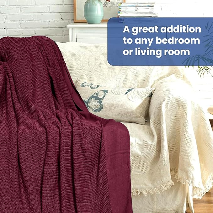 Linteum Textile Supply Leno Weave Burgundy Blanket, Queen 100% Cotton, Lightweight, Warm, Fluffy, Premium and Durable Soft & Cozy Bed Blanket for Bed, Couch, Sofa Throw for All Season [90x90]