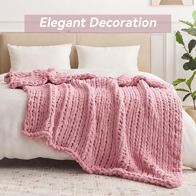 Chunky Knit Throw Blanket, 80''*90'' Knitted Throw Chenille Yarn for Bed Couch, Handmade Light PinkCrochet Big Thick Blanket, Machine Washable Cute Comfy Blanket for Home Decor