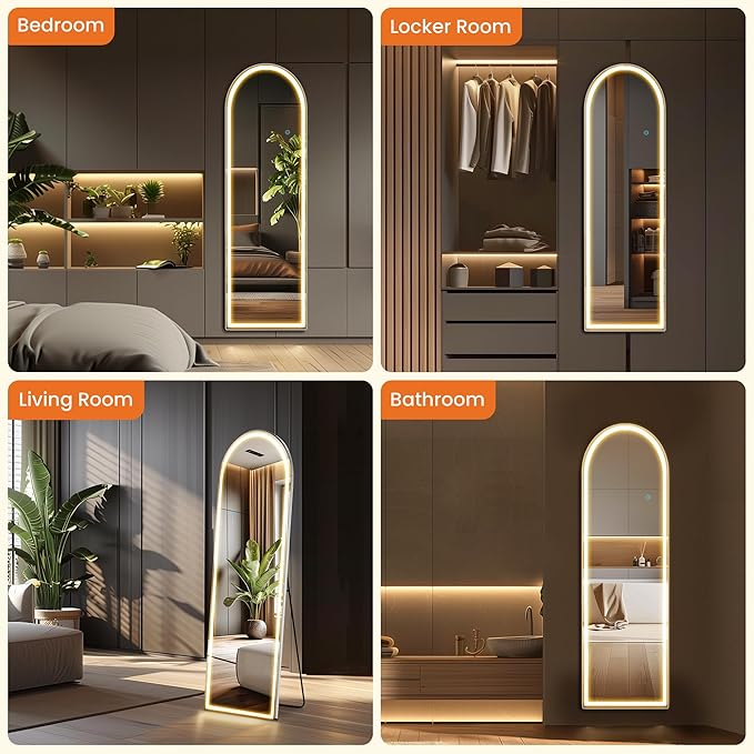 Sweetcrispy Arched Full Length Mirror with LED Lights, 63"x21" Lighted Floor Mirror with Dimming & 3 Color Lighting, Stand for Bedroom, Dressing Room