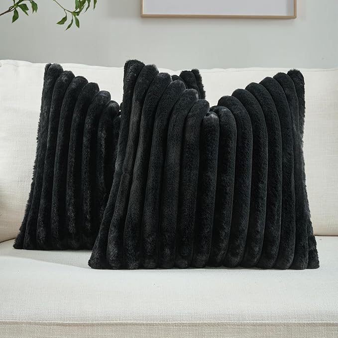 FUTEI Black Decorative Throw Pillow Covers Set of 2, 26x26 Inch Soft Fluffy Faux Fur Plush Striped Euro Pillow Shams, Modern Home Decor for Couch Bed Living Room