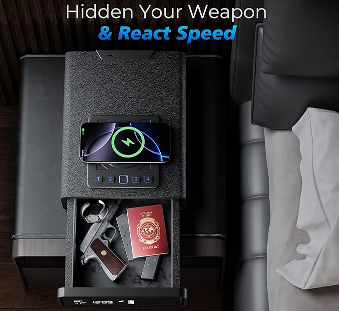 Biometric Safe with Wireless Charging, 3 Access Methods to Unlock, Nightstand Drawer Safe LED Display with Humidity & Temp, Money Box for Cash and Valuables,Birthday Gifts for Women