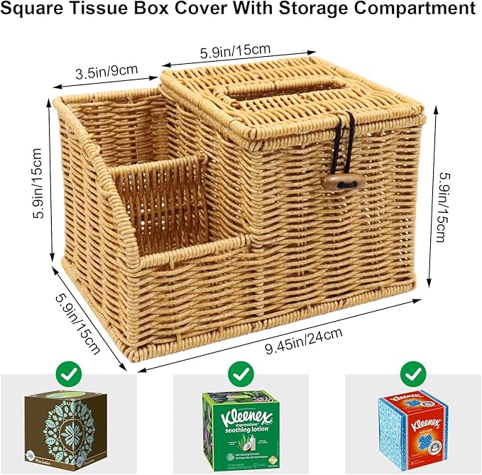 Tissue Box Cover Square, Cube Tissue Box Holder, Tissue Box Cover and Storage, Wicker Tissue Box Holder with Remote Organizer, Bedside Nightstand Organizer for Bedroom/Bathroom/Office/Countertop
