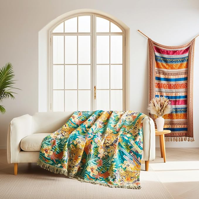 Throw Blanket for Couch Sofa Soft Cotton Spring Blankets for Bedroom Living Room All Season Reversible Leopard Embroidery Reversible Breathable Throws Whimsical Home Decor 50"x60"