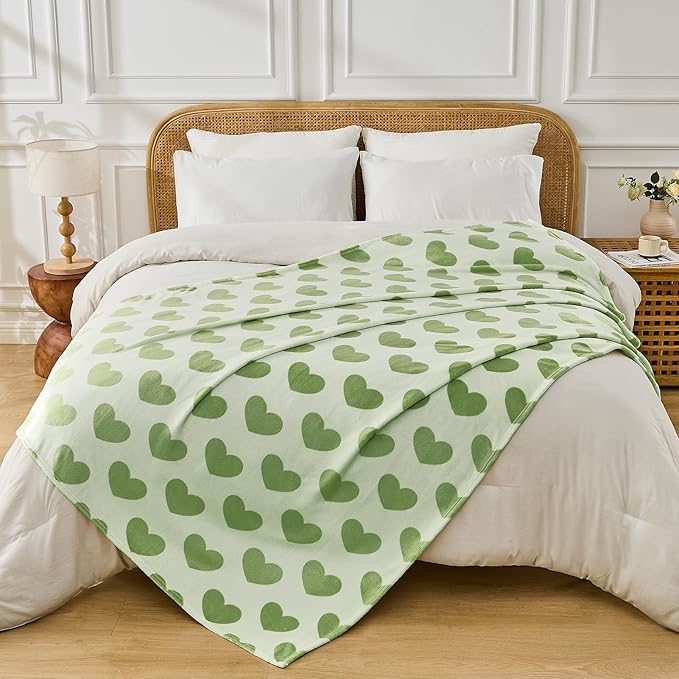 FY FIBER HOUSE Heart Flannel King Blanket Soft Cozy Blankets for Lover Gifts All Season Use, 90x108 Inches, Sage Green
