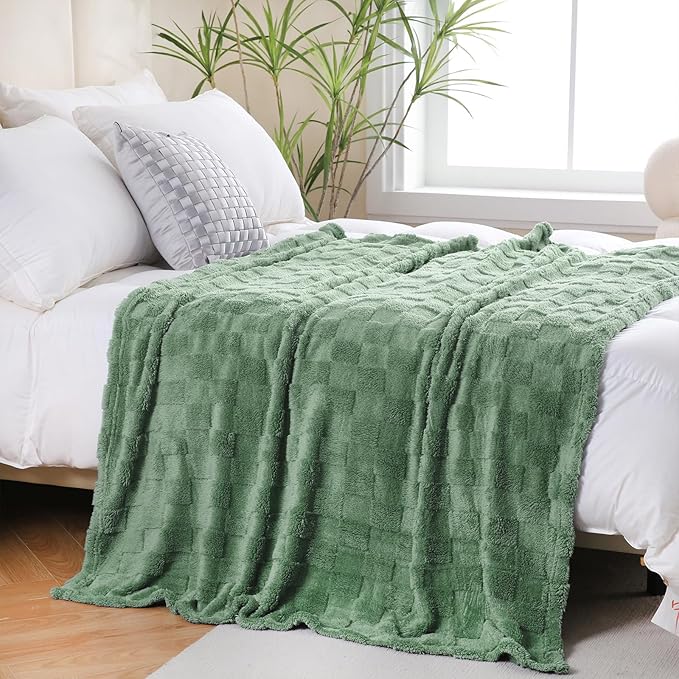Spring Sage Green Fleece Throw Blanket 50”×60” for Couch Sofa Bed,Super Soft Cozy Plush Microfiber Flannel Blanket with 3D Checkered Design Lightweight for Adults,Woman,Girls