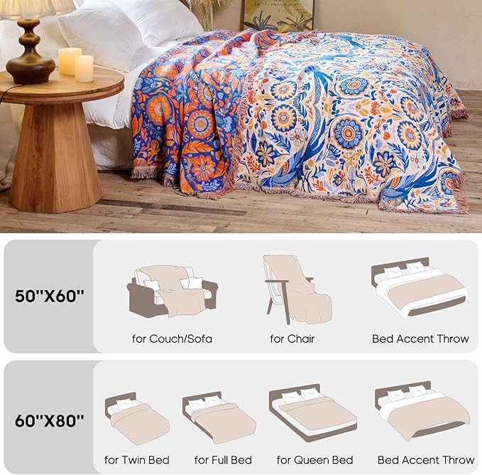 Boho Throw Blanket 60"x80" 100% Cotton Twin Bed Bird Blanket, Reversible Breathable Lightweight Spring Decorative Tassel Blankets for Couch Sofa Decor