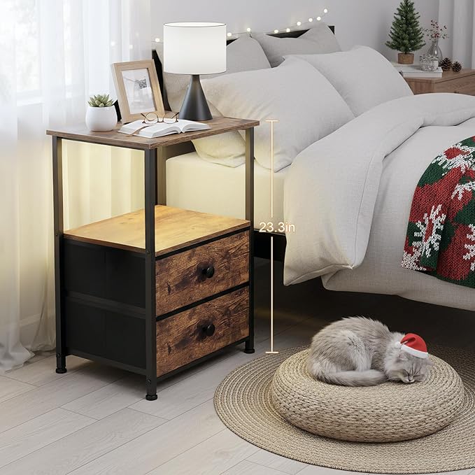Night Stand Set 2, LED Nightstand with Charging Station, End Tables with Storage Shelf, Bedside Table with 2 Fabric Drawers for Bedroom, Small Spaces, Rustic Brown HETS02PBR