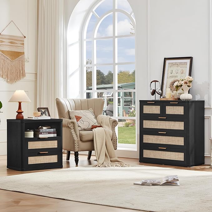 LEYAOYAO Rattan Dresser for Bedroom Set of 2, 33.5" Tall Chest of Drawers, Modern 5 Drawers Boho Dressers with Storage, Light Oak Dresser Wooden Closet Organizer for Living Room, Hallway, Black