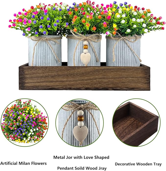Table Centerpiece Decoration Artificial Flower Set with 3 Fake Milan Bouquet and Wood Tray for Desk Home Bathroom Office Décor