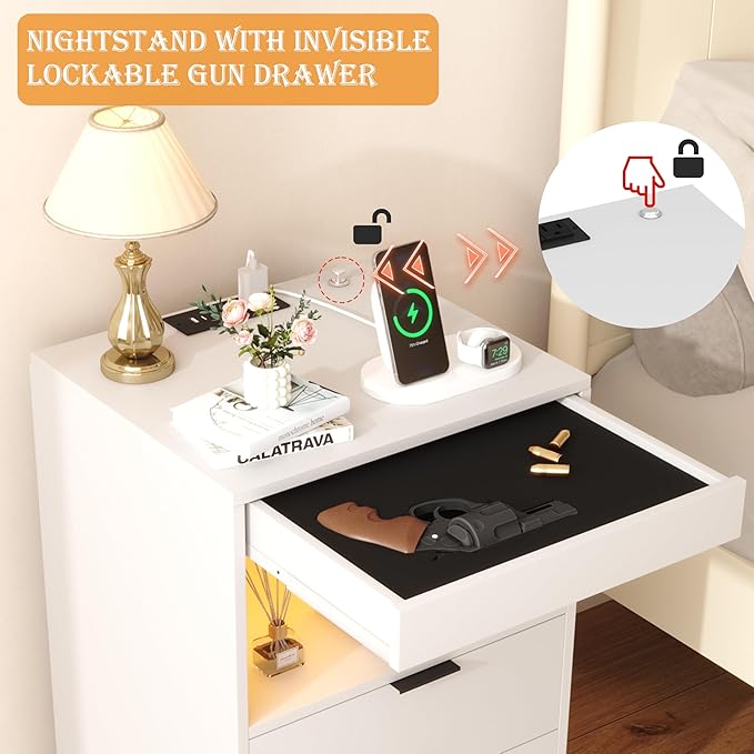 Yusong Night Stand with Gun Drawer & Invisible Lock, Bedside Table, LED Nightstand with Charging Station, Modern Night Stand, Wood Sofa Couch End Side Table with 2 Pull-Out Shelf, White