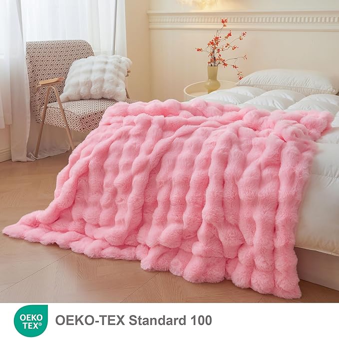 LIFEREVO Luxury Fluffy Faux Rabbit Fur Blanket, Plush Fuzzy Bubble Waffle Throw Couch Sofa, Cozy Comfy Furry Bed Blanket Home Decoration, Aesthetic Shaggy Throw for Bedroom Living Room, 60x90, Pink