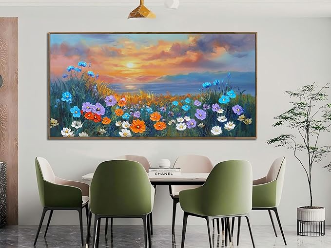 Ardemy Wildflower Wall Art for Living Room Large Framed Floral Canvas Pictures, Bedroom Wall Decor Sunset Paintings Flower Textured Artwork for Walls Dining Room Home Office 58"x29"
