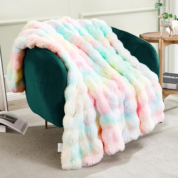 JONIYEAR Large Decorative Colorful Bubble Faux Rabbit Fur Bed Blanket Full Size 70" x 80", Soft Thick Warm Fluffy Blankets for Winter, Luxury Shag Big Cozy Fuzzy Furry Blanket for Women Girls, Rainbow