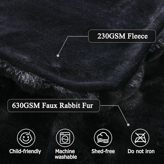 Faux Fur Throw Blanket, 50x60 Inch Black Super Soft Plush Couch Blanket for Sofa, Bed & Movie Nights