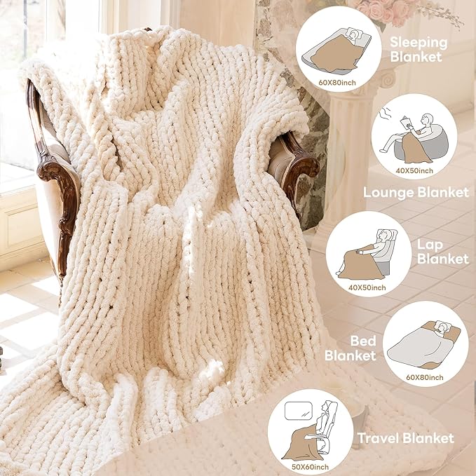 Chunky Knit Blanket - Luxury Soft Cozy 60 * 80 Throw Blanket,100% Woven Blanket Rope Knot Throw Blanket for Couch, Sofa, Home Decor, Gift - Machine Washable (Cream, 60 * 80)