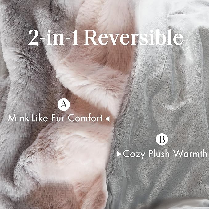 Madison Park Zuri Soft Plush Luxury Oversized Faux Fur Throw Animal Stripes Design, Faux Mink On The Reverse, Modern All Seasons Blanket for Bed, Sofa Couch, Office, Blush/Grey, 60x70