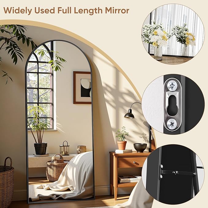64"x21" Full Length Mirror, Arched Full Body Mirror, Standing Hanging or Leaning Floor Mirror for Bedroom and Living Room, Black