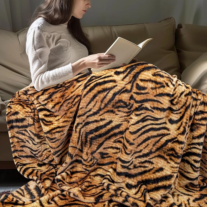 MACEVIA Flannel Fleece Throw Blanket for Couch, Brown Tiger Print Blanket, Fuzzy Cozy Comfy Super Soft Fluffy Plush Animal Print Blankets for Bed Sofa, Suitable for All Seasons (Tiger,50x60inches)
