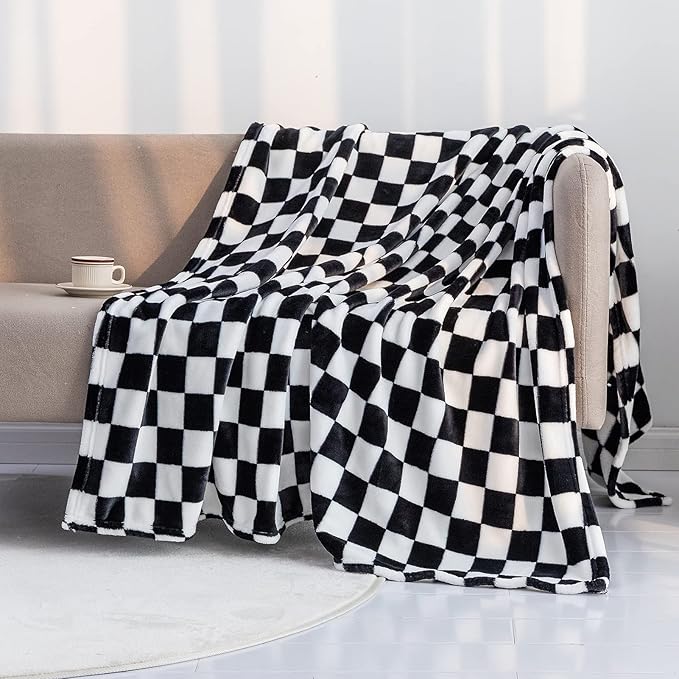 LOMAO Throw Blankets Flannel Blanket with Checkerboard Grid Pattern Soft Throw Blanket for Couch, Bed, Sofa Luxurious Warm and Cozy for All Seasons (Black, 40"x60")